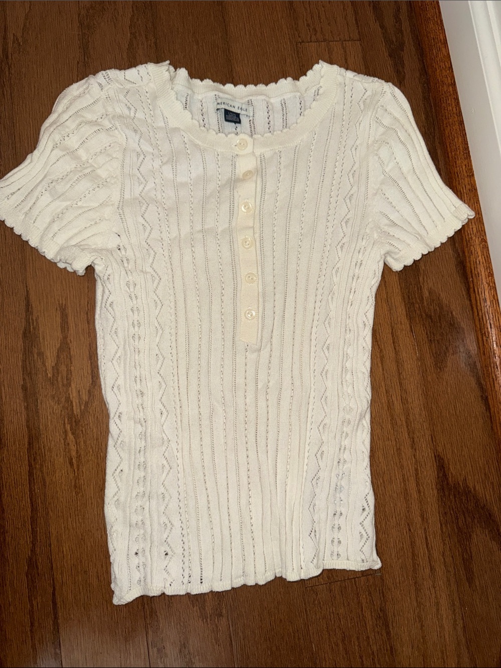 Coquette Cottagecore American Eagle Cream Knit Short Sleeve Stretch Henley